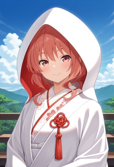 masterpiece,best quality,amazing quality, yuna amagami, coral hair, long hair, red eyes, 1girl, solo, kimono, japanese clothes, smile, sky, looking at viewer, uchikake, blue sky, wataboushi, cloud, floral print