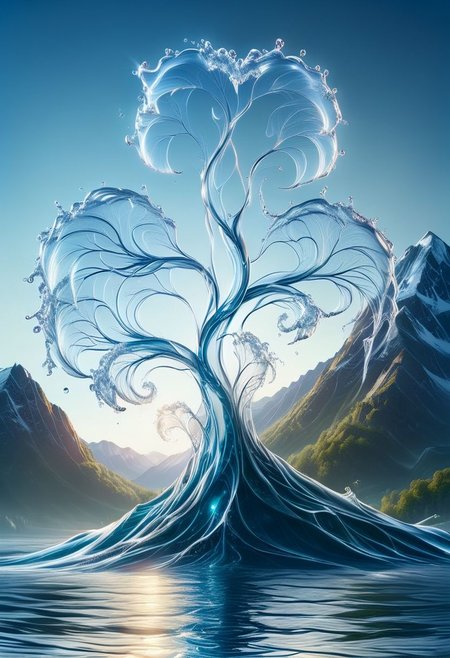UHD, masterpiece, high quality, extremely details, intricate details, sharp focus, realistic, OverallDetailXL, sss
a tree made of ((water)) ,((ais-wvs)),  lake surrounded by mountains,sun sunlight, sunray ,SauronsTower,