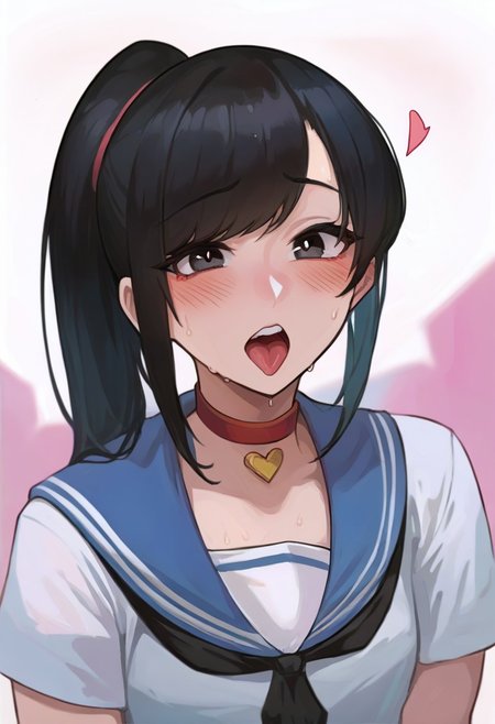 score_9, score_8_up, score_7_up, Mevak_PS, source_anime, hi res, masterpiece, best quality, highres, female focus, red choker, serafuku, blush, open mouth, tongue out, looking at viewer, blue sailor collar, short sleeves, upper body, collarbone, teeth, shirt, heart choker, sweat, neckerchief, zPDXL,  zPDXLxxx, girlfriend_(yoru_mac), ponytail, black hair, black eyes, bangs, long hair,