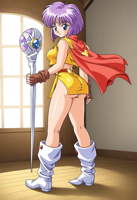 Milfie, <lora:Milfie_pony1.1-000006:0.7>, full body, 
short hair, purple hair, blue eyes,
staff, yellow miniskirt, brown fingerless gloves, yellow crop top, side slit, red cape, boots
standing, looking at viewer, pantyshot, butt-turning, ass, from behind, looking back,
retro artstyle, 1990s (style),
BREAK (indoors, bedroom:1.2)