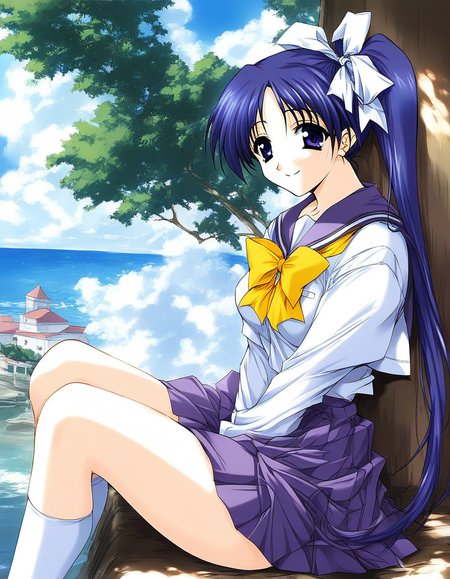 score_9, score_8_up, score_7_up, source_anime, rating_explicit, BREAK  <lora:Itou_Noemi_XL:1> ItouNoemi, long hair, blue hair, blue eyes, hair bow, side ponytail, yellow bow, purple hair, ponytail, hair ribbon, purple eyes, breasts, white bow, smile,
school uniform,  purple skirt,  white long sleeve,
outdoor, day,