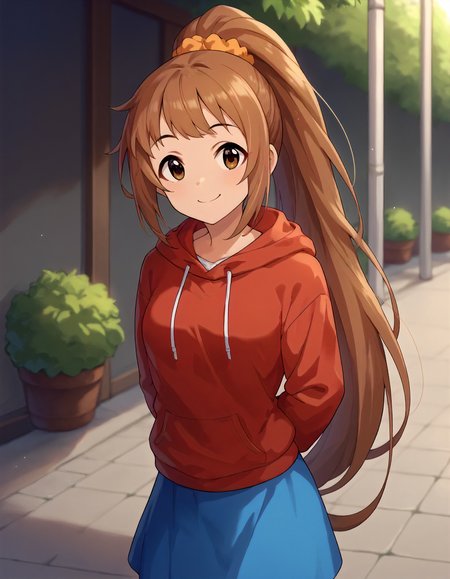 score_9,score_8_up,score_7_up,1girl,solo,cowboy shot,closed mouth,looking at viewer,smile,arms behind back,outdoors,
<lora:wakabayashitomoka_ponyXLV6:0.8>,cgwtmk,
brown hair,long ponytail,brown eyes,
orange scrunchie,hair scrunchie,red hoodie,blue skirt
