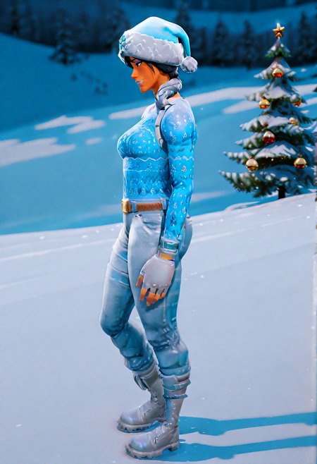 IllustriousQual <lora:StS-Illustrious-Detail-Slider-v1.0:2> <lora:cfg_scale_boost:0.3> detailed_background, field <lora:Frozen_Nog_Ops_IL:1> FrozenNogOpsIL, dark skin, dark-skinned female, black hair, grey ponytail, braided hair, brown eyes, blue eyeshadow, blue lipstick, christmas, blue hat, santa hat, blue snowflake, festive sweater, blue sweater, grey gloves, fingerless gloves, utility belt, combat boots, denim pants, blue accents, winter outfit, holiday theme, snowflake pattern, Lying flat on the back with arms at sides, from side, amusement