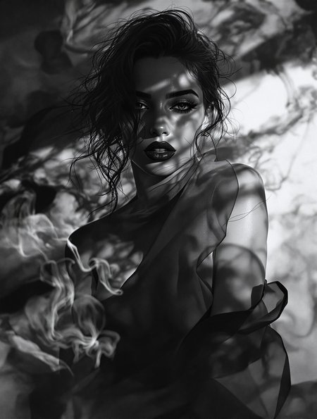 neo-noir portrait study, silver halide gradients, dramatic shadow cascades, smoke-like fabric flows, timeless elegance meeting raw emotion –style raw