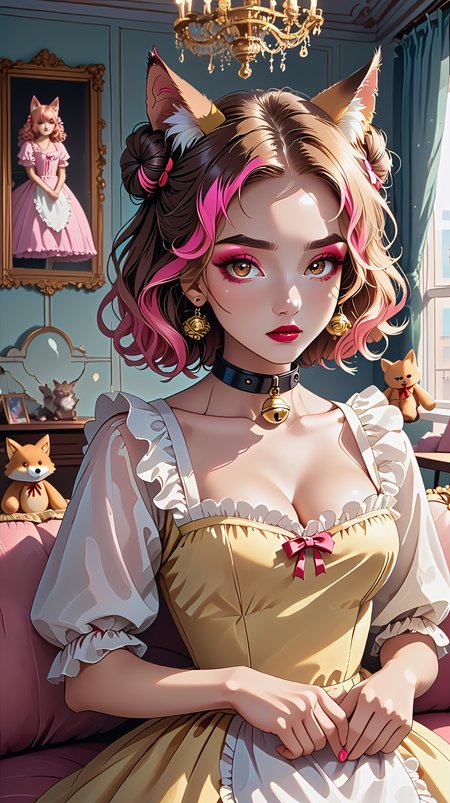 4n1v3rs3, score_9, score_8_up, score_7_up, (Western Comics),  ultra detailed illustration, extremely detailed face, 
(1 female), (25 years old), brown hair, pink highlights in hair, ((double bun)), hair ribbons, detailed hair, big  breasts, detailed brown eyes, cute eyes, red lipgloss, pink eyeliner, sad, horny, detailed body, detailed feet, detailed skin, small waist,
leather collar, cat bell, sitting on a pastel color couch, striped color couch, cozy ball room, large window, city at background, warm light,  stuffed toys, foxes, ((detailed fox ears))
<lora:Pony_DetailV2.0:1>   <lora:Detailed_eyes:1> adorable pale yellow maid dress, apron <lora:dvr-gs:1> dvr-gs