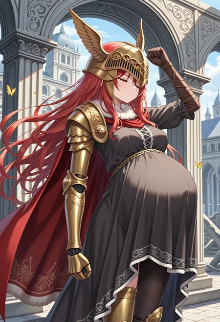STYLE(comfy++,none) masterpiece, best quality, absurdres, 1girl, azuuru, torino aqua, malenia blade of miquella, elden ring, floating hair, red hair, very long hair, long hair, prosthetic leg, armor, gold armor, winged helmet, red cape, prosthetic arm, single mechanical arm, amputee, butterfly, medium breasts, pregnant, big belly, standing, closed eyes,  annoyed, looking afar, clenched hands, hand up, arm up, cowboy shot,  day, ruins, game cg, <lora:Pregnancy_Slider:1.2> <lora:pregnantv7_clte:1> <lora:dmd2_sdxl_4step_lora_fp16:1>