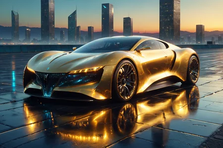 morph-aurora, a futuristic luxury car with premium finish, elegant curves, solo, tinted windows, reflective glass, deserted future road, cracked pavement, distant city glow, detailed background, racing on an airfield, runways glowing, flying vehicles nearby, wide shot, a holographic panel, floating nearby, best quality, rich colors, realistic style, high detail, high-definition, hyper-realistic, extremely high-resolution details, fine texture, incredibly lifelike, realistic, not fantasy, not anime, not drawing, highres, 4K resolution, source photo, realistic photo, masterpiece, best quality, amazing quality, very aesthetic, ultra-detailed, detailed surfaces, natural metallic tones, soft light, futuristic gold, metallic sheen, dim light, wide shot, <lora:add-detail-xl:1> <lora:aurora_0_100_V1-000009:0.65>