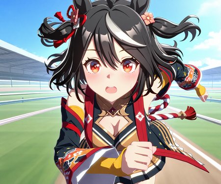 masterpiece, best quality, amazing quality, , 1girl, solo,  umamusume, racetrack, running,  <lora:Kitasan Black in game style 3D:1> ummsmingame, 3d, kitasan black \(umamusume\)