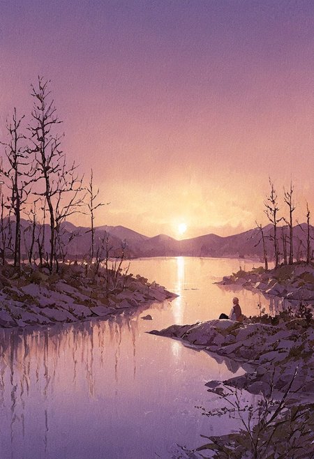 sunset, northern lake, summer, old fashioned woman, nostalgic, high quality, looking at viewer, detailed, by charles tunicliffe, painting, nature