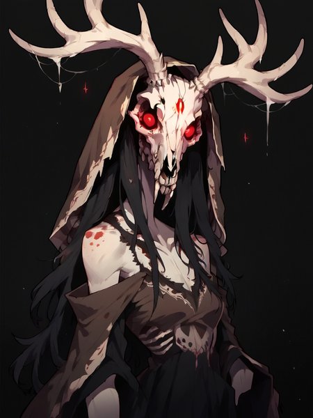 score_9, score_8_up, score_7_up, score_6_up, score_5_up,  <lora:wendigoXLP:1> wendigo, 1girl, animal skull, monster, no humans, solo, red eyes, antlers, black background,