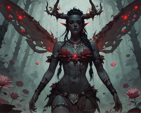 score_9, score_8_up, score_7_up, score_6_up, blood fairy, glowing lotus, black skin, very beautiful, tiny, covered in blood, gore, horns, tribal, long braid, bones, wings, red theme, lotus, black forest,  <lora:Concept Art Twilight Style SDXL_LoRA_Pony Diffusion V6 XL:0.8>