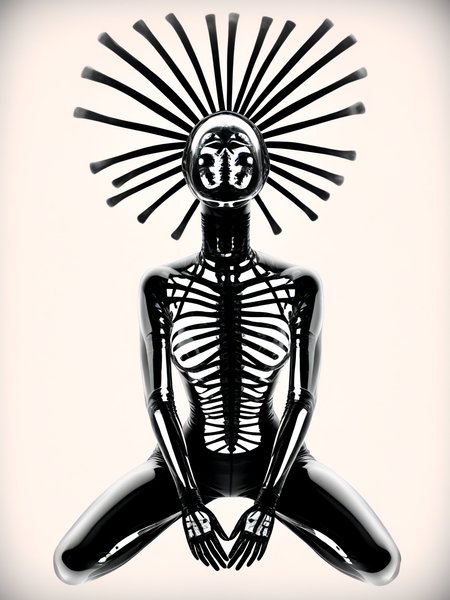 woman arms behind head, body leaning forward slightly, legs crossed, thoughtful and relaxed body language, wearing rubber gimp suit, grotesque, abstract, x-ray art, <lora:DeconDada-000008:2>
