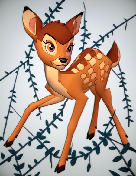 score_9, score_8_up, score_7_up, score_6_up, score_5_up, score_4_up,
Bambi, deer, orange eyes, solo, forest background, n64zeldastyle, 3d, polygonal, full body, white background <lora:zs_N64ZeldaStyleXL:1>
 <lora:Bambi_XL:0.8>