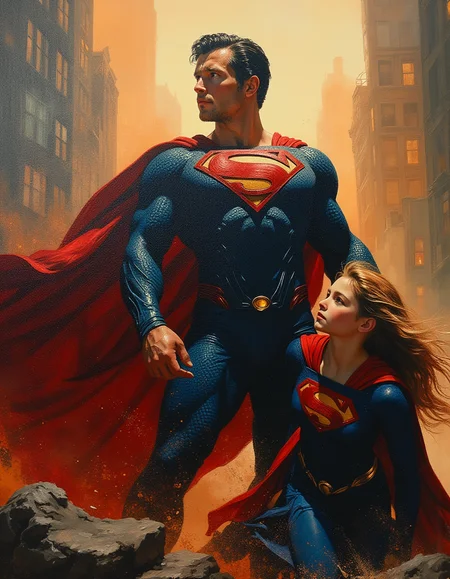 Masterpiece, high quality, Oil Painting, Hyper-realistic, hyper-detailed oil a powerful older male Superman, braces himself against the force of a collapsing building. His muscular frame shields a young teen Supergirl, who looks on with awe and determination. His cape billows dramatically, catching the dust and debris swirling in the air. Both are dressed in their iconic blue and red costume, featuring the classic 'S' emblem on their chests, with their capes fluttering gently in the breeze. She has porcelain white skin, long flowing blond hair, petite body, and is skinny, yet with strongly defined muscles. He has short dark hair, blue eyes, and the muscular body of a heavy weight lifter. The setting is a cityscape, illuminated by a fading sunset, casting a heroic glow on the duo. The male heroâs expression is one of unwavering resolve, his eyes glowing faintly with power as his hands grip chunks of shattered concrete to keep them from crushing his young ally. The female superhero, dressed in a sleek, futuristic suit, prepares to leap into action, inspired by his selfless protection. The atmosphere is intense, filled with dust, light rays piercing through the chaos, and a sense of triumph in the face of destruction.
The painting shows shadow and light, Masterpiece, intricate lines, intriguing atmosphere, sharp magnificent details, delicate features, elaborate details, (2\3 rule composition:0.5), ultra detailed, romantic, Rembrandt lighting, brush stroke, lovely, del1cate_balance style, in the style of Rembrandt. vantablack <lora:style_of_Rembrandt_FLUX_135:.8> <lora:- Flux1 - vanta_black_V2.0:.8> <lora:Delicate_Balance:.3> <lora:neeeg_f1:-1> <lora:supergirl_flux_v1:.8>