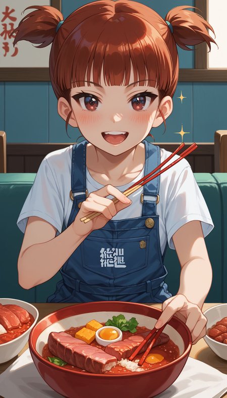score_9, score_8_up, score_7_up, score_6_up, 
,  <lora:Mikko (Girls Und panzer):1> 1girl, mikko (girls und panzer), food, short twintails, v, overalls, looking at viewer, short hair, white shirt, open mouth, meat,chopsticks, blush, sitting, + +, red hair, sparkle, red eyes, indoors, eating, blunt bangs, star (symbol), smile, rice bowl