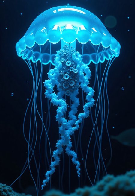 aidmaimageupgrader, a high quality digital image of a translucent neon cyan jellyfish swimming near the ocean floor, the interior of the jellyfish is made of intricately detailed mechanical gearing