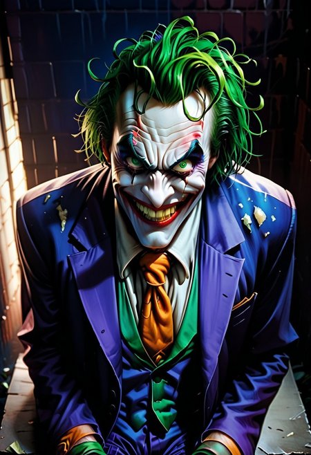Score_9, score_8_up, score_7_up, rating_explicit, uncensored,  
Break, 
the joker, 1boy, solo, green hair, suit, smile, formal, necktie, gloves, green eyes, messy hair,
Break,
Joker outfit
Break, 
(sitting:1.5), 
Break, 
(above view:1.5), (angry expression:1.3), (crazy eyes;1.3), (upper body focuse:1.7)
Break,
(Dark alleyway background:1.5), 
Break,
(Painstakingly detailed:1.5), (8KHD), (professional artwork:1.4), (amazingly realistic:1.4) 
Break,
(dark dramatic lighting:1.2), (night time:1.5), dramatic chiaroscuro lighting, 
Break, 
easynegative, ng_deepnegative_v1_75t, Expressiveh, verybadimagenegative_v1.3,