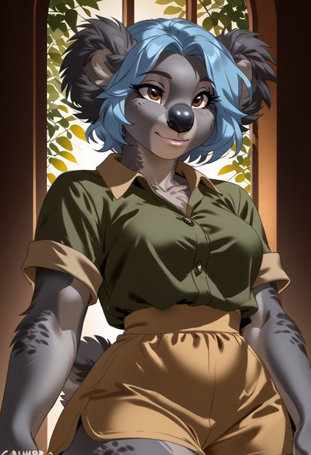score_9, score_8_up, score_7_up, (by zummeng:1.5), (by jailbird:1.5), (by kittydee:1.5), masterpiece, best quality, (solo),  
(Furry Art : Anthro : koala:1.5), 1girl, expressive eyes, feminine eyes, perfect face, feminine face, (light blue hair), (short fluffy hair:1.3), feminine body, medium breasts, marsupial, black nose, grey fur, fluffy ears, (flat belly:1.3), (wide hips:1.4), (slim waist:1.2), (thick thighs:1.4), (safari shirt:1.5), (khaki shorts), (brown eyes),
