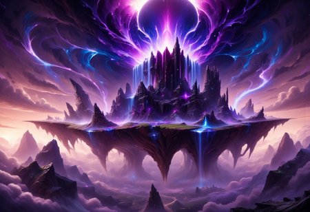 A massive, floating sky island, suspended high above the clouds, its jagged terrain and cliffs wrapped in swirling, ethereal purple flames. The island is dotted with towering, ancient stone ruins and colossal waterfalls that cascade off the edge, dissolving into mist before reaching the ground. Crystals of energy pulse with light embedded in the island’s surface, and glowing runes float around it in a chaotic, magical orbit. 