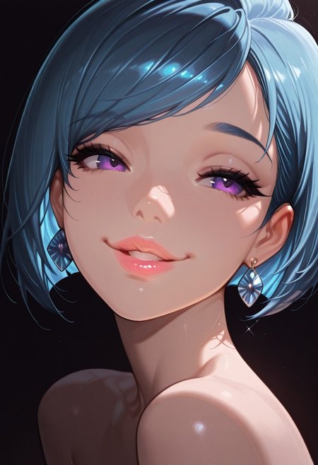 masterpiece, best quality, 32k, high resolution, RebeccaXKeithStyle, 1girl, blue hair, bobcut, swept bangs, purple eyes, beautiful lips, earrings, face closeup, detailed eyes, detailed lips, naked, dark background, little smile, parted lips,