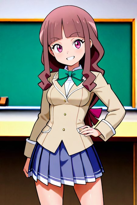 masterpiece, High quality, Ultra detailed, 2d, newest, absurdres, highres, BREAK
1girl, solo, <lora:tsukiyono_ruli:0.8>, ruli_tsukiyono,  long hair, low-tied long hair, blunt bangs, brown hair, purple eyes, 
medium breasts, rulidef, long sleeves, school uniform, green bowtie, brown jacket, blazer, white shirt, pleated skirt, blue skirt, 
hands on own hip, smile, teeth,