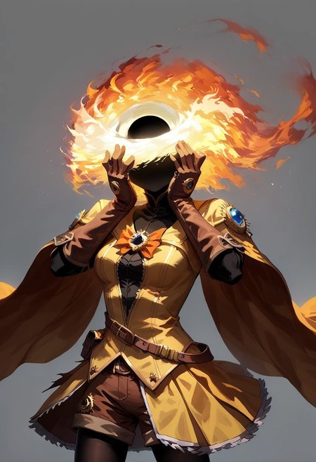 score_9, score_8_up, score_7_up,
lord_of_frenzy, fire head,
faceless, no eyes, no mouth, no nose, no facial features, 
magical girl outfit, yellow steampunk dress, boots, (brown shorts:1.2), black tights, medium breasts, belt, brown gloves,
black hole, event horizon, gravitational lensing,
simple background, grey background,
hands on own face, hands on own cheeks, yandere trance