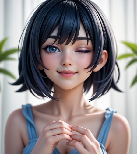 <lora:LCM_LoRA_Weights_SD15:0.7>, masterpiece, best quality,  a woman, short hair, inverted bob, straight hair,  with a blue and white dress and a plant in the background with a white curtain behind her, a photocopy, seductive smile,  one eye closed, smile, closed mouth, heart hands,