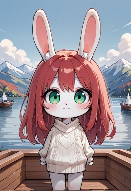 masterpiece,best quality,amazing quality, very aesthetic
rabbit girl,furry,red hair,white rabbit ear,solo,add detailed eyes,green eyes,dressed, black roll-up sweater,happy,long hair,
lake, mountain, boat in the background, cloud,
chibi, solo, simple art, solid stroke,
