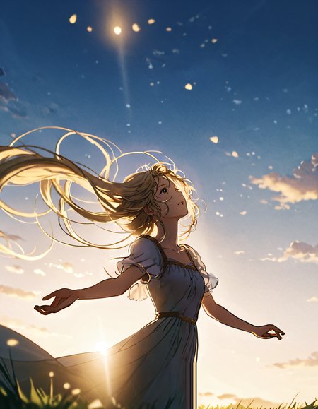 woman, hand reaching for the sky, dynamic pose, very long hair, Rapunzel-like hair, blonde, golden hour lighting, full-body shot, barefoot on grass, flowing hair, hair strands catching light, soft breeze, cinematic atmosphere, ethereal glow,  soft lighting, gentle breeze, peaceful mood, manga style, <lora:digital_art:1>