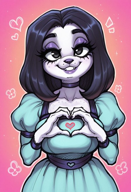 darknud,   , 1girl, solo, medium build, medium hair, sfw, safe for work, covered skin, flowy dress,  black eyes, purple lipgloss, smiling, portrait, upper body, heart hands, foreshortening, detailed, newest, furry female, furry, anthro
