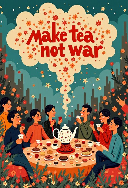 magical eastern_ethnic avant-garde poster with florid friendly flowing text reads "Make tea not war", juxtaposed unified happy gathering, joyfully laughing around table drinking tea, in world of desolate devastation rubble,
exuberant picnic feast diverse gathering of people of all ethnicities, surrounding tea party picnic blanket full of tea and cakes, unifying teapot with stylized motif
