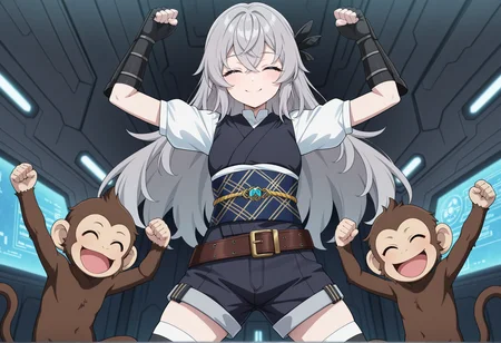 anime screenshot, anime screencap, anime coloring, 1girl, grey hair, long hair, hair ornament, solo, japanese clothes, white short sleeves, obi, belt, shorts, thighhighs, gauntlets, fingerless gloves, indoors, science fiction, spacecraft interior,  arms up, monkey dance, clenched hand, dance, closed eyes, smile, the monkey <lora:saika_magoichi:0.8>, masterpiece, best quality, amazing quality, very aesthetic, absurdres, highres, newest