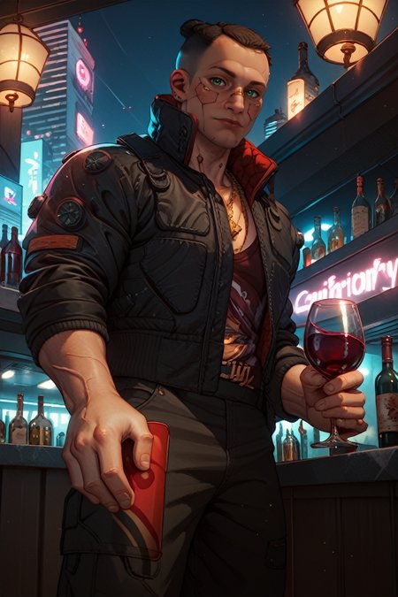 score_9, score_8_up, score_7_up, score_6_up
<lora:CyberJackie:1.0>
CyberJackie, 1boy, black hair, undercut, green eyes, muscular, looking at viewer, at an upscale rooftop bar, wearing a tailored blazer, city lights twinkling below, holding a glass of wine, sophisticated and urban atmosphere