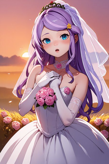 score_9, score_8_up, score_7_up, score_6_up, source_anime, 1girl, solo, <lora:rzanastasia-pdxl-nvwls-v1-000006:1> rzAH, lavender hair, long hair, swept bangs, blue eyes, wedding dress, bridal veil, looking at you, elbow gloves, chestnut mouth, blush, hand on own chest, sunset, field