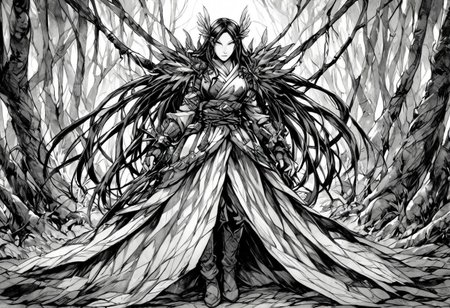 monochrome, greyscale, A lone warrior moves gracefully through a mystical bamboo forest, where towering ancient trees stand like silent sentinels. His long, flowing black hair cascades over his shoulders, framing his chiseled face with sharp, focused eyes that gleam with quiet intensity. His dark martial robe, layered and intricately folded, flows with his movements, secured at the waist by a fitted sash. His hands, clad in fingerless gloves, hint at both discipline and deadly precision. His boots, designed for agility and silent steps, barely disturb the earthy forest floor. The dense bamboo sways gently, and soft shafts of light filter through the thick canopy, casting a mesmerizing interplay of light and shadow upon his figure. His posture is both poised and relaxed, exuding the grace of a seasoned warrior ever ready for action. The scene is rendered in a high-quality wuxia and manhwa-inspired art style, with refined lines, dynamic shading, and a color palette that accentuates the harmony between the warrior’s dark attire and the lush greenery surrounding him, creating a captivating blend of mystery and elegance..