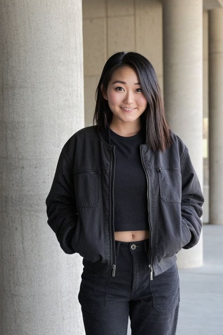 kimimko, 1girl, sparkling eyes, photo(medium), in concrete room, rough concrete background, black soft tech jacket, black zipper pants, military boots, cross-laced boots, looking at viewer, smile, casual pose, sitting on large concrete block,  cinematic lighting, photorealistic, ultra-sharp, detailed, professional photographer, professional hairstyle, blurry background, bokeh