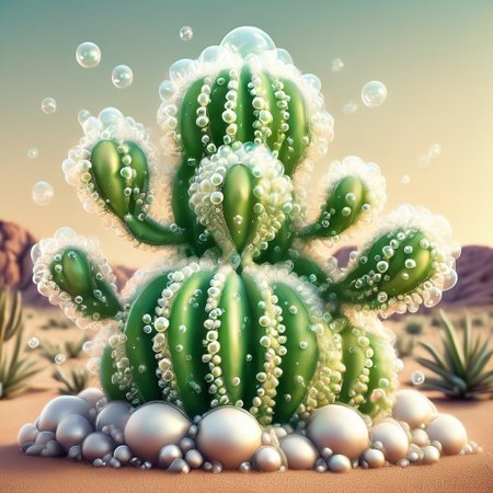 a cactus made of bubbles, wow_bbls, desert background, tumbleweed blowing across desert in background