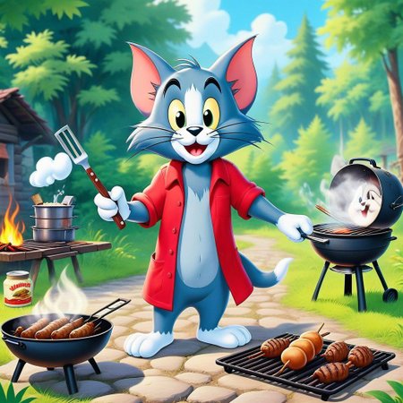 (Tom & jerry),Cartoon (Tom:1.35) cat  casual dresses,  grilling kebab, dirty shirt, thick red fur, nature