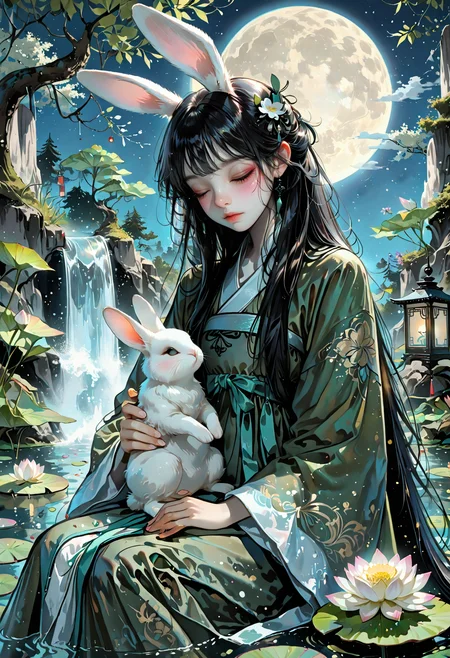 masterpiece, best quality, amazing quality, 1girl, solo, long hair, black hair, long sleeves, hair ornament, dress, holding, closed mouth, very long hair, sitting, closed eyes, flower, earrings, detached sleeves, wide sleeves, water, rabbit ears, tree, night, animal, chinese clothes, moon, white flower, full moon, green dress, rabbit, lantern, holding animal, waterfall, lily pad, lotus, hanfu, huge moon, Karinami Inkblush mode,thick ink outlines,soft marker gradients,era 2020s indie illustration,Inkblush style, grunge_anime_aesthetic 
<lora:DetailedEyes_V3:1> <lora:USNR_STYLE_ILL_V1_lokr3:0.45> usnr <lora:ponyv6_noobV1_2_adamW:0.9> <lora:GENESIS_MK0.2:0.5>  <lora:KoreanStyleSDXLvpred10:1> AiKoreanStyle, lips, korean, asian <lora:KRGRL-IL:1>