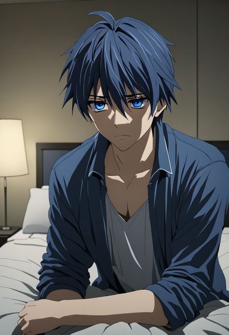Anime Style, easynegative, detailed_eye_model, Highres, Masterpiece, High Quality, 4K, 8K, solo, 1boy, Tomoya Okazaki, Deep Blue Eyes, Grey Blue Hair, hotel room, low light, quiet, silent, weak, depressed, tired, stressed, irritated eyes, messy things, looking at viewer