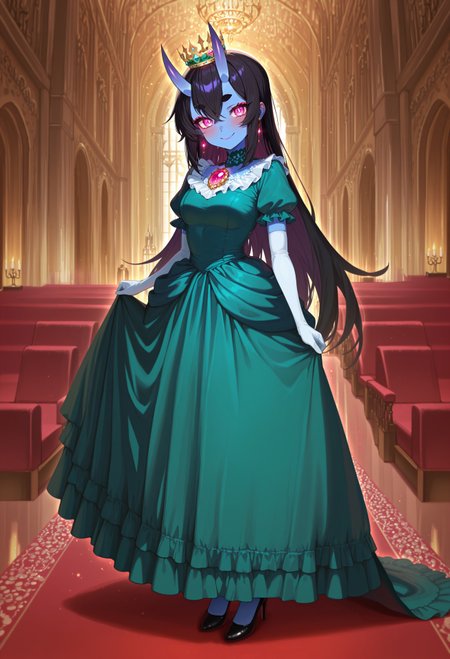 1girl, Kuroni Black, colored skin, deep blue skin, Aka-Oni, oni girl, straight horns, black hair, long straight hair, pink eyes, glowing eyes, short thick eyebrows, masterpiece, best quality, absurdres, medium breasts
princess gown, puffy ballgown, white gloves, elbow gloves, green princess peach dress, puffy short sleeves, multilayered dress, intricate gown, crown, long skirt, ruffles, frills, earrings, gem brooch, jewelry, high heels,
lipstick, long eyelashes, eyeshadow, eyeliner, blush, makeup,
indoors, castle, ballroom, 
smile, closed mouth, looking at viewer, solo, standing, full body