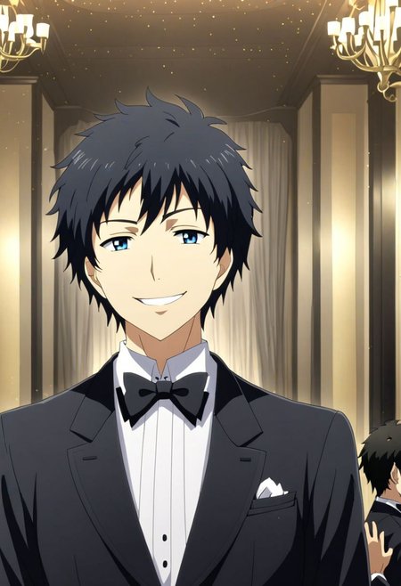 high resolution, solo, best quality, 1Boy, Arata Kaizaki, Black Hair, luxury hotel, Ballroom, tuxedo, smile, mysterious, confident, OverallDetail