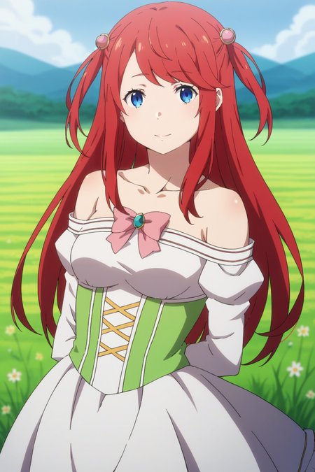 score_9, score_8_up, score_7_up, source_anime, 1girl, prefect lighting, very aesthetic, intricate details, highly detailed background, masterpiece, high quality, prefect hands, best quality, solo,
<lora:Theresia_van_Astrea_ReZero_V1:.85>, KJOtheresia, red hair, blue eyes, long hair, swept bangs, two side up, 
white dress, bare shoulders, pink bowtie, 
arms behind back, light smile, head tilt, 
field, wind, 
(Beautiful, medium Breasts:1.2), natural breasts,