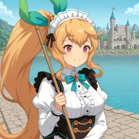 lazypos,anime screencap, masterpiece, lake, castle, ruins,
1girl, solo, Elisanne, brown eyes, blonde hair, long hair, ponytail, maideli, maid outfit, ribbons, smile, happy, upper body, palace, room, broom, smile,