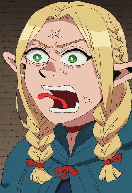 score_9, score_8_up, score_7_up, portrait, 1  girl, solo focus, PepeREEEEEEEEEEEEE, Enragedpepe, solo, tongue, open mouth, anger vein, angry, marcille donato, long hair, blonde hair, green eyes, braid, pointy ears, twin braids, elf, bright pupils, parted bangs,