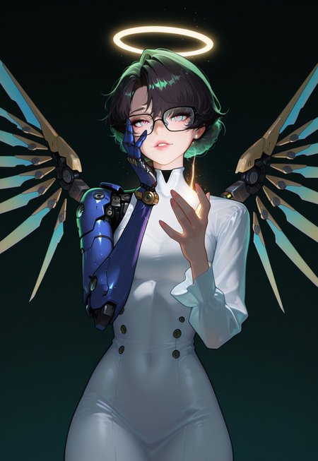 A science fiction scene with a solo cyborg girl, dressed in a torn white dress, floating with one mechanical arm. She has short, black hair, wears glasses. Her eyes are half-closed as she smiles, with mechanical wings extending behind her. She looking at her only mechanical hand, with one tear floating on her face. The lighting is soft and ethereal, creating a dreamlike atmosphere.