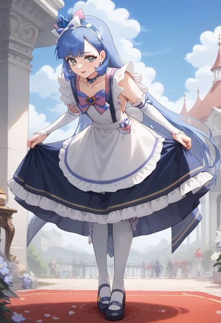 core_9, score_8_up, score_7_up,
BREAK source_anime,best quality,masterpiece, rating_safe, 1girl, solo, 
BREAK <lora:nyammy.pony:1>, nyammy, large breasts,
BREAK <lora:maid_Pony_V1.0:1> ((jyojifuku,frills)),((kneehighs)),((apron)), long skirt, 
hold bowing, leaning forward, <lora:skirt_hold_bowing_d16:1>
indoors, palace, sky, clouds, looking at viewer,  dutch angle, full body,
