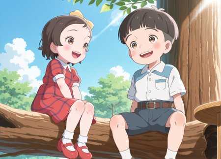 masterpiece,best quality,amazing quality,very aesthetic,absurdres,newest, huge filesize,
<lora:spo_sdxl_10ep_4k-data_lora_webui:0.5>,
<lora:add-detail-xl:1>
1girl,  1boy,ladder, (couple sitting on tree trunk),smile ,sunlight, summer,sky,
<lora:Totto_chan_V1:0.8>,madogiwa,
short hair,  
female child,  brown hair,  red dress,
brown eyes, plaid,  
mary janes,  shoes,  
socks,  hair bow, 
 m_totto,
BREAK
male child, shirt, 
blush, belt, open mouth, brown eyes, black hair, 
white shirt, 
table, short sleeves, 
, m_yasuaki,