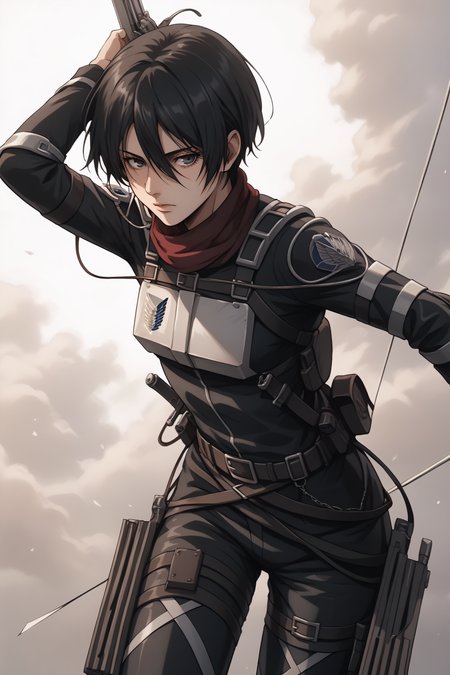 score_9, score_8_up, score_7_up, score_6_up, BREAK source_anime, <lora:adult mikasa ackerman-PonyXL-lora-faxtron:0.8> adult mikasa ackerman, black eyes, black hair, short hair, medium breasts, military uniform, armor, belt, thigh strap,