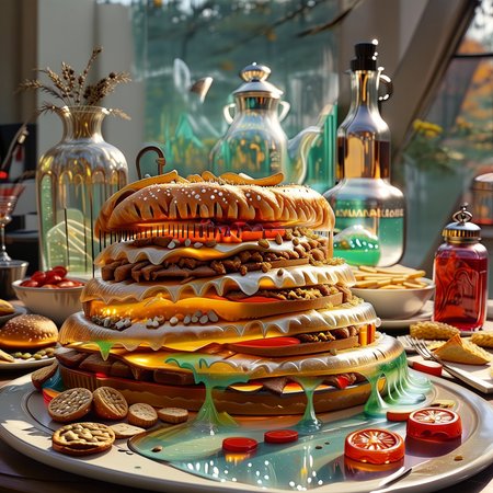 foodphoto, a cheeseburger and fries made out of slime, cheeseburger and fries on a plate, french fries, french fries made of slime, food made of slime, food still life, plate made of slime, table made of slime,
natural light, no bright spots, 
((translucent slime)), ((transparent slime)), made of water, (bioluminescent slime), sl1m3, slime, slime-morph, ais-blmn, saturated colors, no creatures, no humans, no monsters, no pokemon, scenery only, scenery, ral-lava, watce